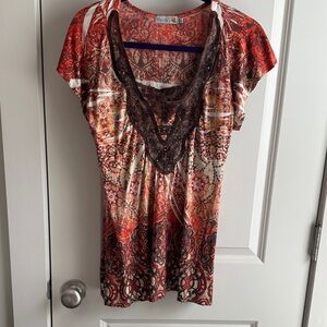 Women’s Printed Short Sleeve Top with Embellished V-Neck - Orange Brown